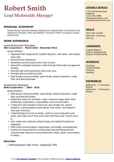 McDonald’s Manager Resume Sample (+Job Description) .